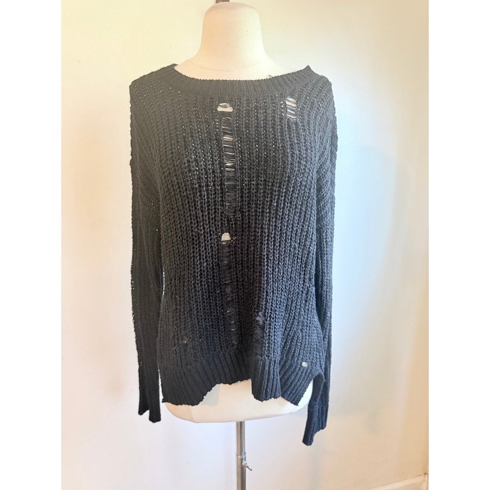 GUESS Los Angeles Womens Distressed Open Knit Sweater Black Size L Long Sleeve